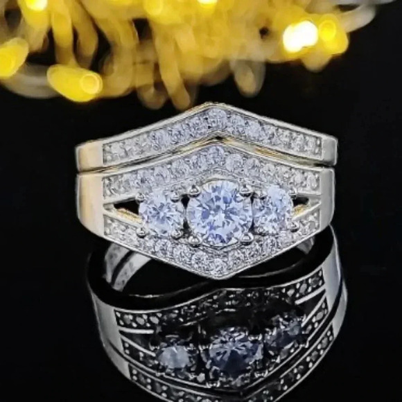 "2 pcs 925 Sterling Silver Plated Retro Carved Luxury Fashion RingSet, U… - Picture 1 of 5